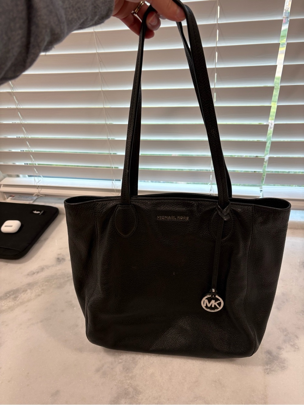 Michael Kors Black Leather Tote Bag with MK Charm